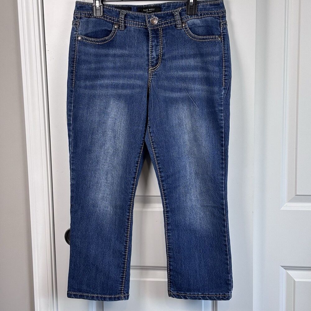 Nine West Jeans Womens 10/30 Bling Embroidered Rhinestone Capri Pants Blue Denim